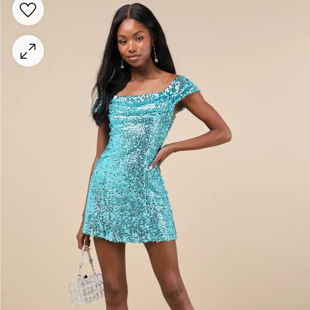 Lulus dress. Glittering Nights Aqua Blue Sequin Off-the-Shoulder Mini Dress.